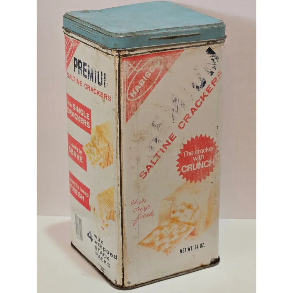 Vintage Nabisco Premium Saltine Crackers Tin Blue Lid 14oz Metal Advertising